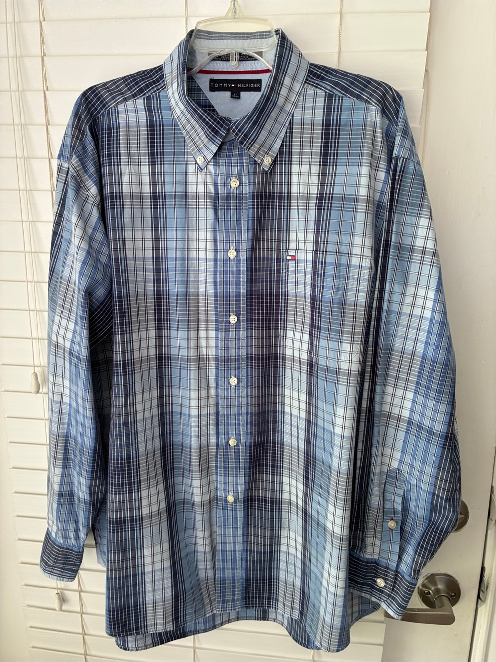 Tommy Hilfiger Shirt Blue White Plaid Long Sleeve Button Down Men’s SZ XL Y2K